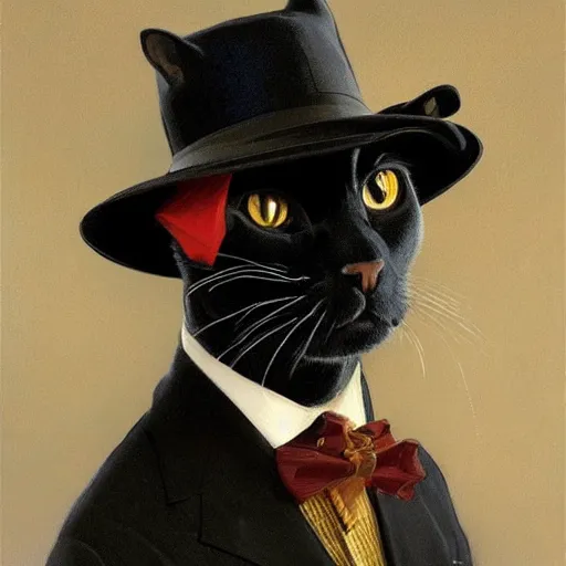 Prompt: portrait of a black cat wearing a suit and a hat, intricate, headshot, highly detailed, digital painting, artstation, concept art, sharp focus, cinematic lighting, illustration, art by artgerm and greg rutkowski, alphonse mucha, cgsociety