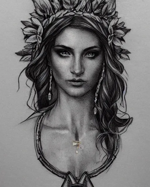 Image similar to realism tattoo sketch of a beautiful greek goddess aphrodite with piercing eyes wearing a laurel wreath and triangle earrings, in the style of greg rutkowski, amazing detail