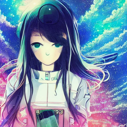 Prompt: portrait of a young astronaut girl, flowing white hair, kyoto animation, yoshitoshi abe, loish, murata range, synthwave, cosmic, kawaii,high contrast bright colors, big anime eyes,studio lighting, manga, anime, 1980s, vibrant, beautiful, dreamy, gradation, jean giraud, ((space nebula background))