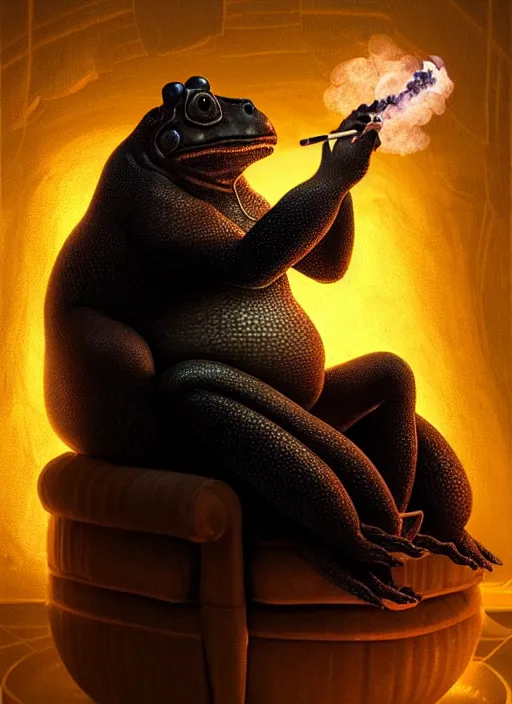 Image similar to portrait of a large black toad smoking a shisha, sitting in an armchair, intricate, elegant, glowing lights, highly detailed, digital painting, artstation, concept art, smooth, sharp focus, art by wlop, mars ravelo and greg rutkowski