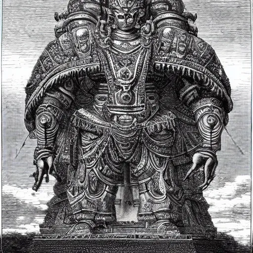 Prompt: a detailed engraving of a giant hindu robot god in the style of gustave dore
