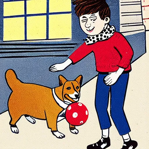 Image similar to book illustration of a french boy on the streets of paris playing football against a corgi, the dog is wearing a polka dot scarf, 1 9 6 6