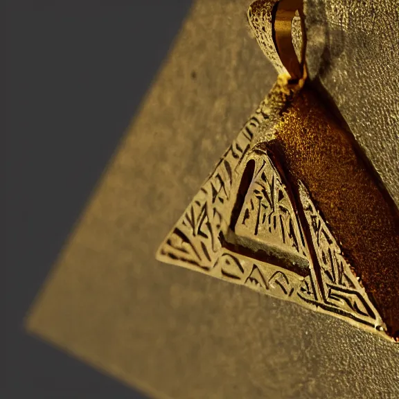 Image similar to An ancient egyptian pendant that looks like an upside-down pyramid with the wedjat eye engraved, dirty gold, splash art, movie still, cinematic lighting, dramatic, octane render, long lens, shallow depth of field, bokeh, anamorphic lens flare, 8k, hyper detailed, 35mm film grain