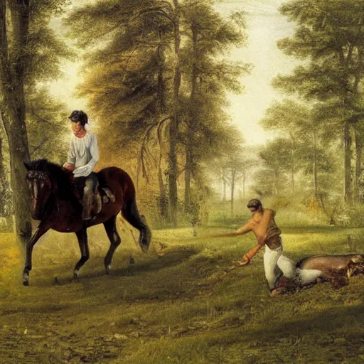 Prompt: a man taming a horse in the forest. Detailed Photograph.