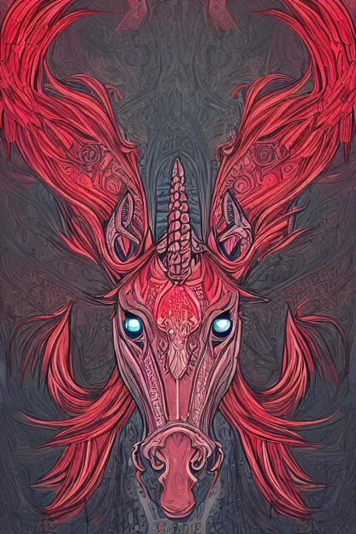 Image similar to evil unicorn, symmetrical, highly detailed, digital art, sharp focus, trending on art station, red and black