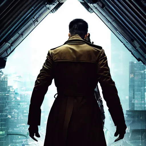 Image similar to Movie poster, cyberpunk, futuristic, technology, detective in trench coat looking away from the camera, cinematic lighting, depth of field, highly detailed