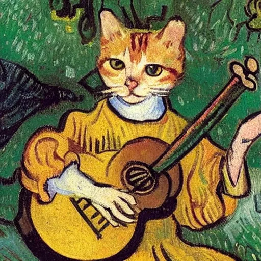 Prompt: cat with lute, sitting in the rose garden, medieval portrait, by van gogh, close up