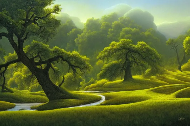 Image similar to masterpiece painting of oak trees on a hillside overlooking a creek, dramatic lighting, by vladimir kush