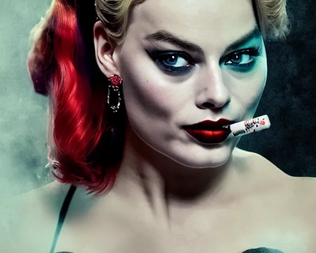 Prompt: Margot Robbie as a harley quinn smoking a cigarette, smoke cloud, cinematic, 4k digital art, highly detailed