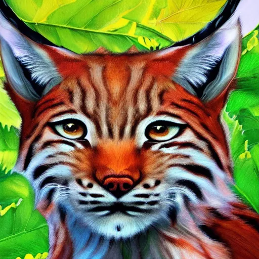 Image similar to lynx wearing Caesar's crown of leaves, Caesar's crown of leaves, an expressive digital painting, high quality oil painting,