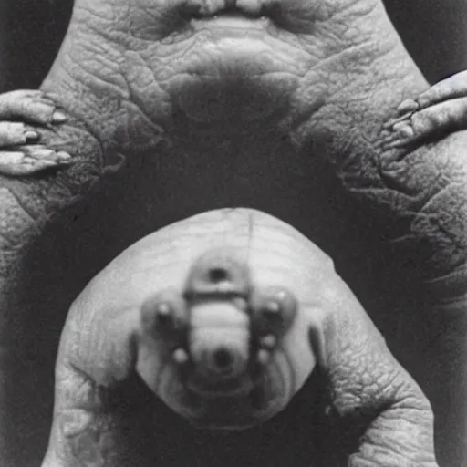 Image similar to a tardigrade experiencing its third eye pineal gland exploding out of the front of his forehead as he is able to perceive all of the thoughts of mankind. body horror. by gerald grom and ansel adams.