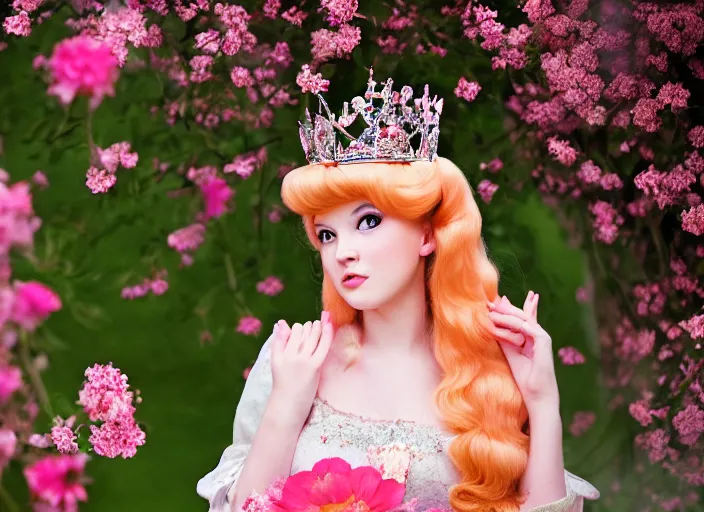 Image similar to portrait of real life princess peach, very large bosum, mystical castle with flowers, by charlotte grimm, studio light, detailed face, canon eos c 3 0 0, ƒ 1. 8, 3 5 mm, 8 k, medium - format print, half body shot
