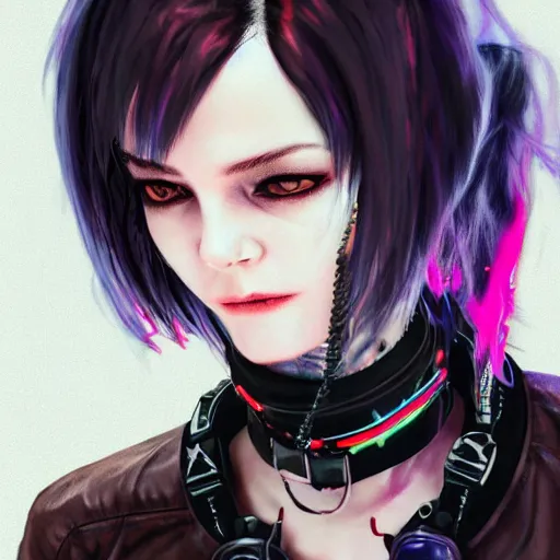 Image similar to detailed realistic cyberpunk female character cyberpunk wearing large steel collar around neck, realistic, art, beautiful, 4K, collar, choker, collar around neck, punk, artstation, detailed, female, woman, choker, cyberpunk, neon, punk, collar, choker, collar around neck, thick collar, choker around neck, wearing choker, wearing collar, bright neon punk hair, collar, choker,