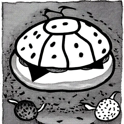 Image similar to storybook illustration of a hamburger turtle, storybook illustration, monochromatic