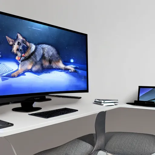 Prompt: computer setup with ultrawide screens while a german shepherd sleeps by side concept art