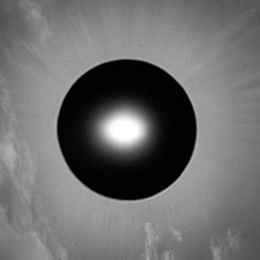 Image similar to an all - seeing eye floating in the sky over a city, high contrast, low key, black and white, newspaper, film grain