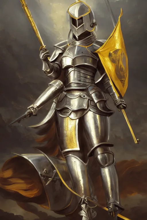 Prompt: baroque oil painting of anime key visual concept art of female knight wearing silver armor with gold trims, holding up a war banner of a great empire, battlefield, trending on artstation, brush strokes, oil on canvas, style of kawacy and makoto shinkai and greg rutkowski and studio ghibli