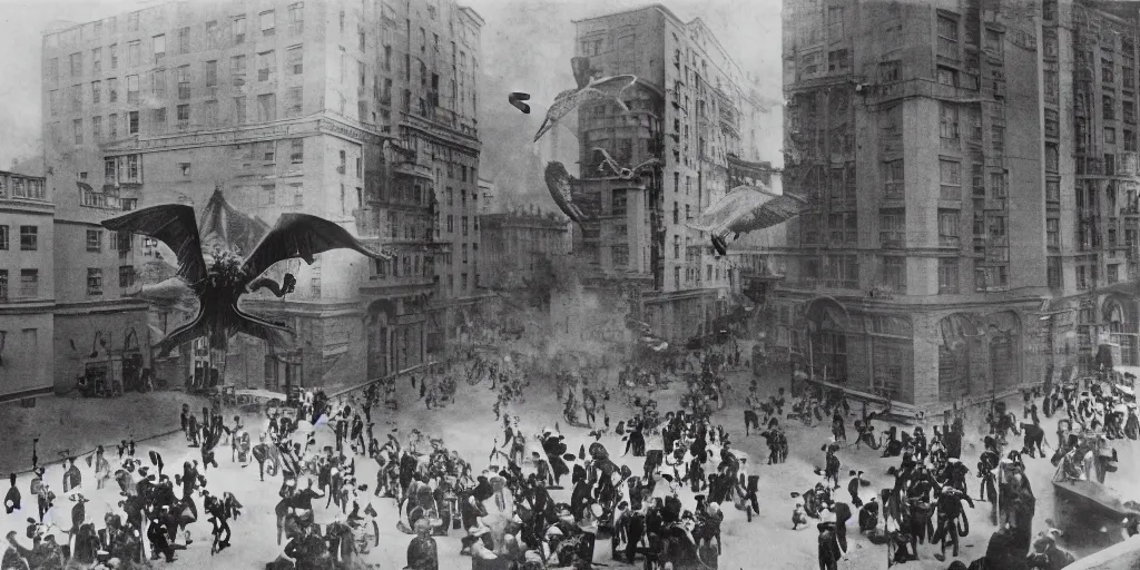 Image similar to a few people run from a luxury building as cameraman points at large flying monster, 1 9 0 0 s photograph