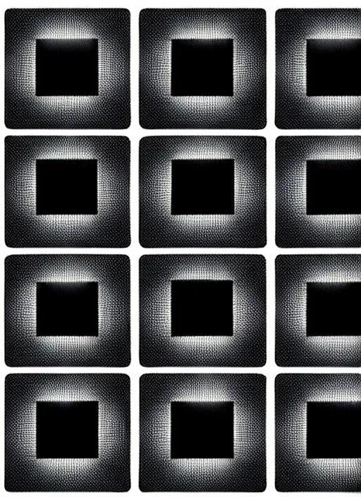 Image similar to grid montage of cube shaped eyes cubes, square shaped black dilated pupils cubes, cube shaped, tiny black squares centered