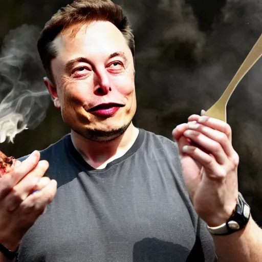 Prompt: elon musk holding a piece of meat over a fire