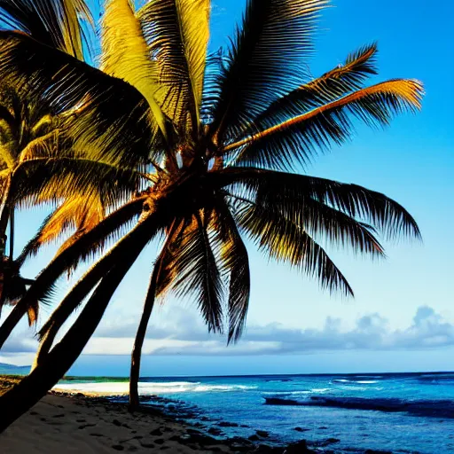 Prompt: a quiet beach in hawaii, pristine, waves, palm trees, sun in the sky, photography