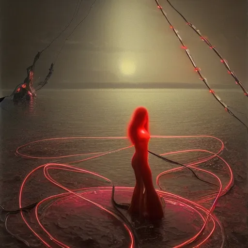 Image similar to liminal!!, portrait, shore of the lake, woman, wrapped around by glowing tubes and cables, short black curly hair, glowing red, by edgar maxence and ross tran, zdzisław beksinski, and michael whelan, distant, gustav dore, h. r. giger, 8 k, octane render