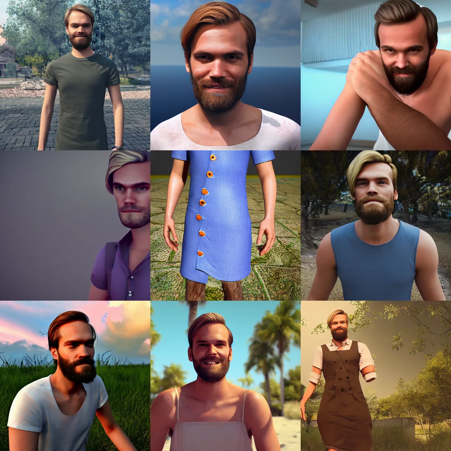 Prompt: PewDiePie in a summer-dress, Highly Detailed, Photorealism, HD quality, 8k resolution, cinema 4d, 3D, unreal engine 5, high quality, beautiful, cinematic