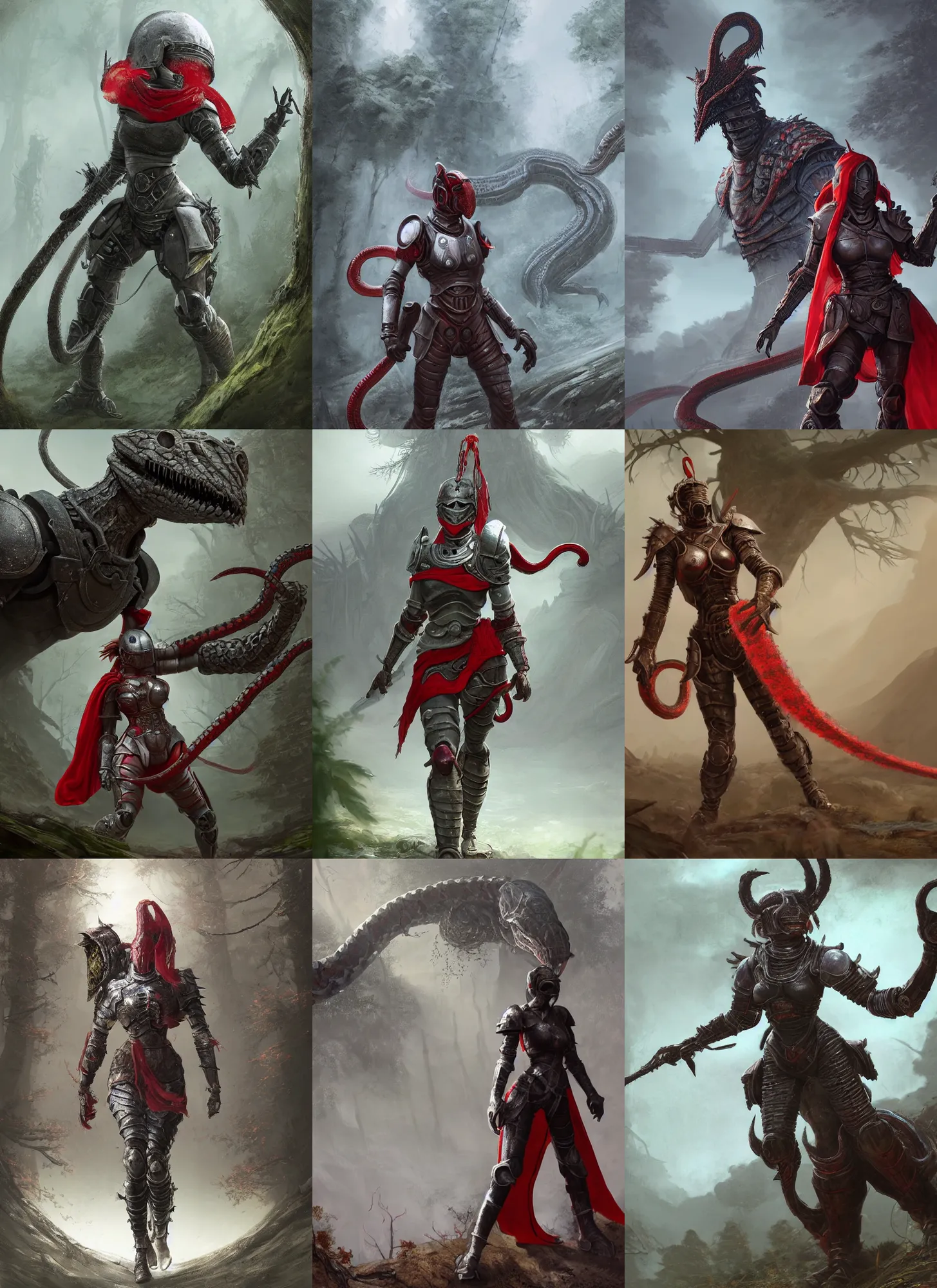 Prompt: a matte painting of a helmeted female warrior wearing battle worn bionic armor with a red scarf billowing behind her fighting a monstrous snake creature in the forest plains of north yorkshire, good value control, concept art, digital painting, sharp focus, fight scene, Anthem game, power armor, ((((knight)))), dark souls, elden ring, battle angel, symmetrical, single character full body, 4k, illustration, glowing eyes, rule of thirds, centered, moody colors, moody lighting,