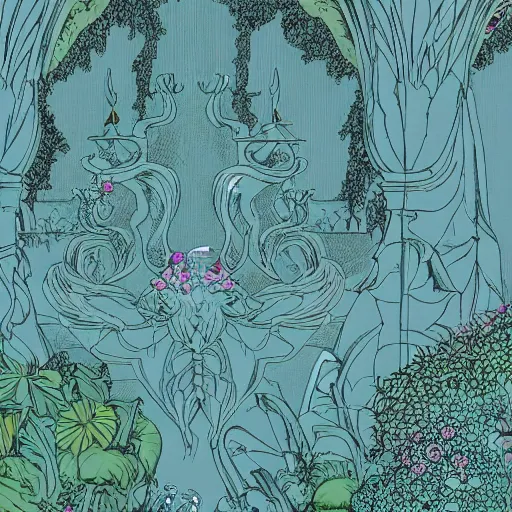 Image similar to fluffy 🏩 death ornate powerscourt estate garden, pastiche by moebius, pastiche by roger dean, precise and intricate linework, art nouveau cosmic 4 k detailed matte illustration trending on cgsociety, cgsociety, linen and aqua color scheme