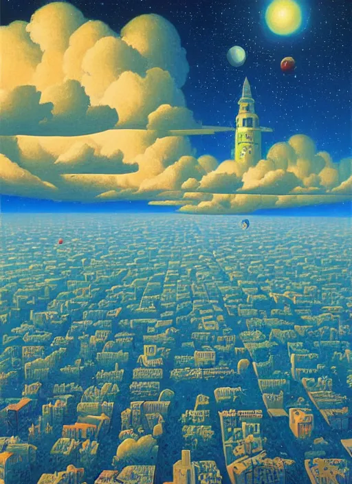 Prompt: a garden city reaching the clouds and stars, vintage shapes, retro technology, happy colors. rob gonsalves, oil on canvas, deep depth field, masterpiece, cinematic composition, hyperdetailed