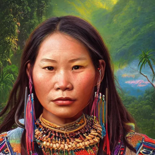 Image similar to portrait of a young paiwan woman ( 3 5 ) from taiwan in 2 0 2 1, an oil painting by ross tran and thomas kincade