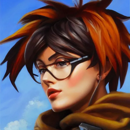 Image similar to oil painting of tracer overwatch in a field wearing very large black leather belt choker collar around neck, in style of mark arian, expressive face, very detailed face, very detailed eyes, belt around neck, full body, feminine face, tracer overwatch,