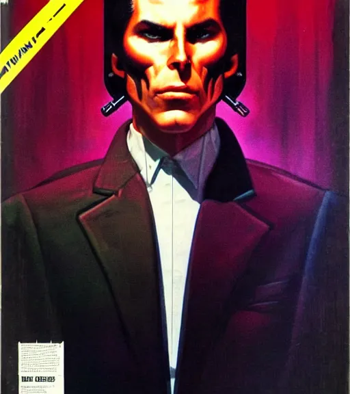 Prompt: a cyberpunk very ugly mafia boss in a suit with slicked back black hair played by christen bale staring at the camera, 1 9 7 9 omni magazine cover, style by vincent di fate, artgerm, very coherent, detailed, 4 k resolution, dark, unreal engine, daz