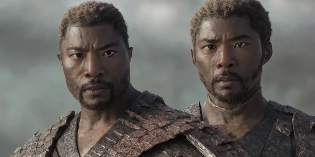 Prompt: a film still of a black man starring in a japanese blockbuster film as an ancient samurai, shallow depth of field, cinematic, award winning cgi, vfx, film still