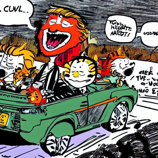 Image similar to wide angle shot of Donald trump driving a clown car over a cliff, Calvin and Hobbes,