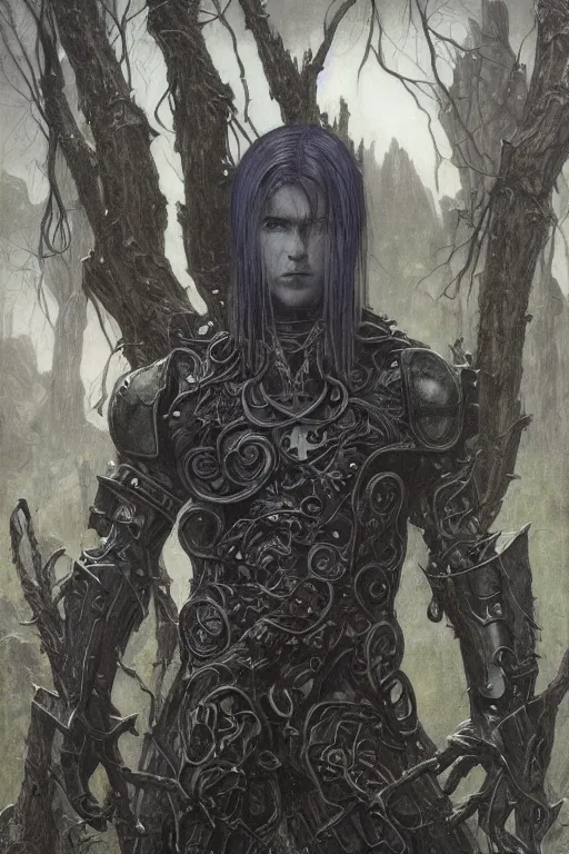 Image similar to portrait of beautiful gothic and futuristic young man, warcraft, cyber and rocks armor whith some trees, a lot of more and more scars, thunderstorm, black with white head, the middle ages, highly detailed, artstation, illustration, more and more composision, 8 k quality, art by jean delville