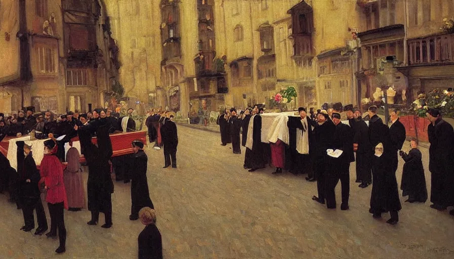 Image similar to a masterpiece painting of a funeral by santiago rusinol