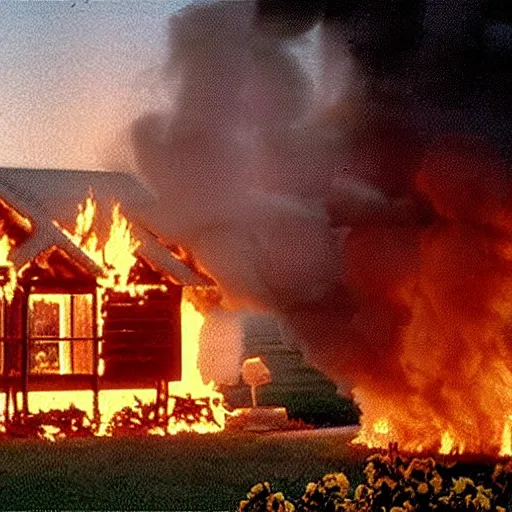 Prompt: vhs 1 9 8 0 s footage of a scene from the movie midsommar, center of screen a - line shaped wooden cabin on fire center of screen, field of flowers