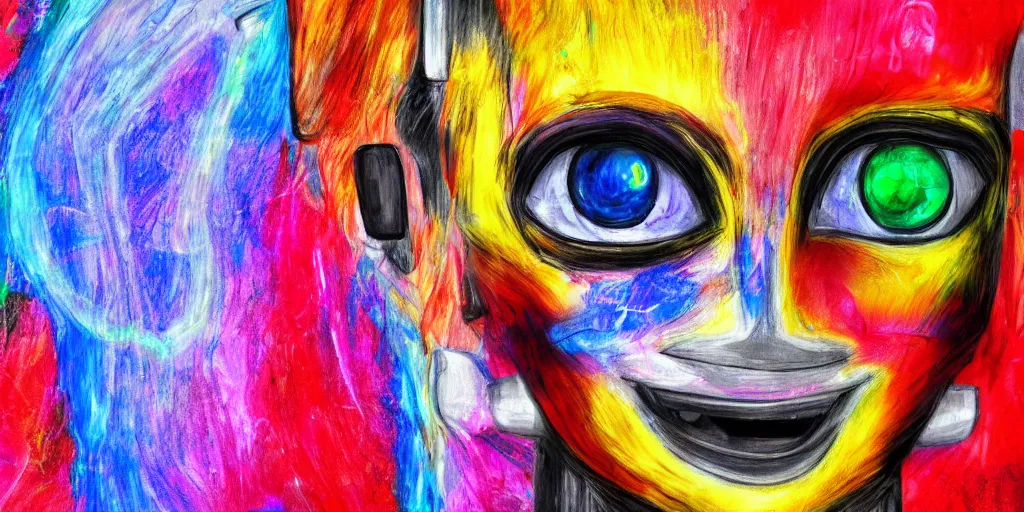 Prompt: A photo of a humanoid robot drawing abstract art an a canvas full of paint. Robot has expressive eyes, and looks like a pixar character. 4K HD Wallpaper. Premium Prints Available