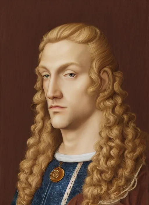 Image similar to portrait of a blond handsome man with long hair in renaissance style, anime inspired, High Res 8K,hyperdetailed