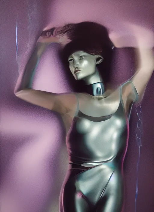 Image similar to futuristic lasers tracing, colorsmoke, leather fullbodysuit, pyramid hoodvisor, raindrops, wet, oiled, beautiful cyborg girl, by steven meisel, kaws, rolf armstrong, mondrian, kandinsky, perfect geometry abstract acrylic, octane hyperrealism photorealistic airbrush collage painting, dark monochrome, fluorescent colors, minimalist rule of thirds, eighties eros