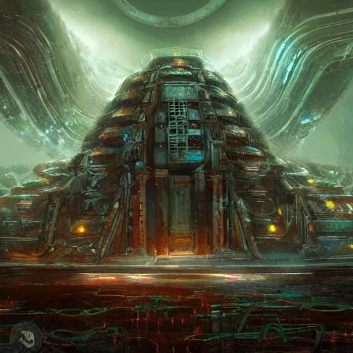 Image similar to abandoned alien temple made of circuits by raymond swanland, highly detailed, bright tones