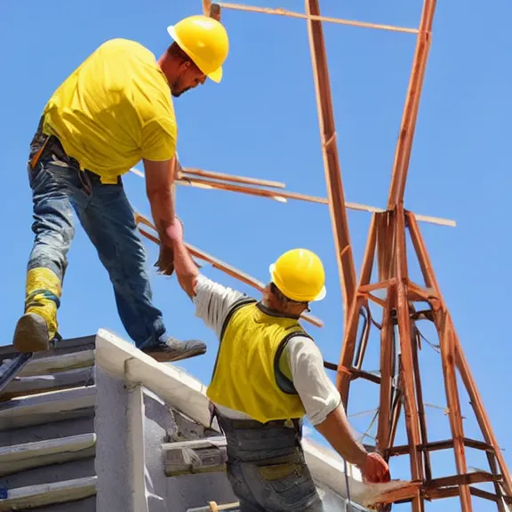 Image similar to two construction workers removing the moon from the sky