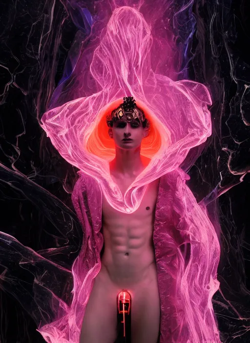 Prompt: photo of fullbodied baroque and bladerunner delicate neon hellfire sculpture of seductive brimstone black albino marble prince adrien sahores orange iridescent humanoid deity wearing red plastic hooded cloak holding an glass skull in a onyx alien dungeon, reclining, glowing magenta face, crown of white diamonds, cinematic lighting, photorealistic, octane render 8 k depth of field 3 d