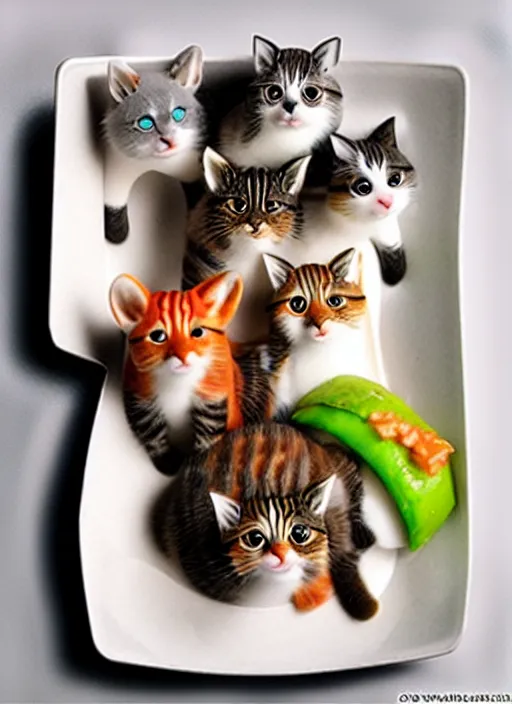 Image similar to clear photorealistic picture of adorable cats made out of sushi