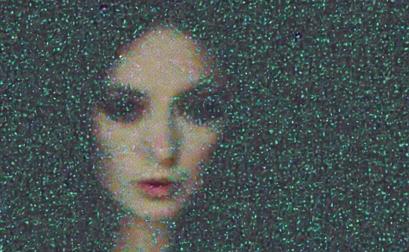 Prompt: vhs tape glitch video of a pixelated portrait woman trying hidden underneath a transluscent sheet, horror, moody vibe, vcr tape, 1 9 7 0 s analog aesthetic, kubrick