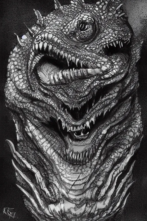 Image similar to the head of Godzilla, kaiju, sea creature, crocodile, sharp teeth, scary look, angry iguana by carlos huante