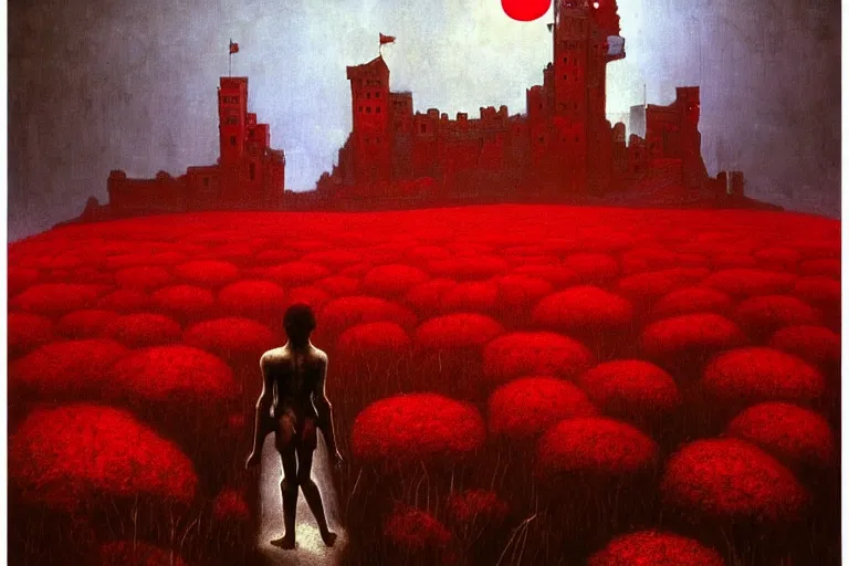 Image similar to only with red, red flowers, a red tiger, a castle in the background, medieval demons, an ancient path, in the style of beksinski, part by hopper, part by rodcenko, part by hofbauer, intricate composition, red by caravaggio, insanely quality, highly detailed, masterpiece, red light, artstation