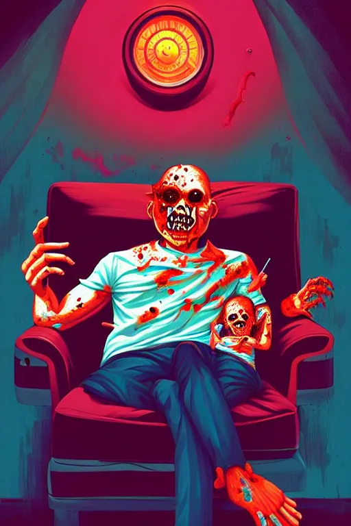 Image similar to a zombie dad sitting on the couch and watching tv, tristan eaton, victo ngai, artgerm, rhads, ross draws