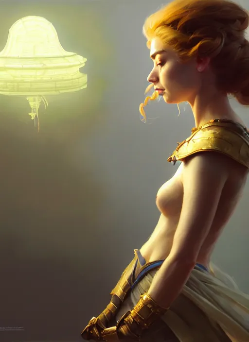 Image similar to side portrait, imogen poots, paladin, gloomhaven, organic painting, hard edges, luminescent, octane render, by greg manchess, huang guangjian, gil elvgren, sachin teng, greg rutkowski, jesper ejsing, rhads, ilya kuvshinov, cushart krenz